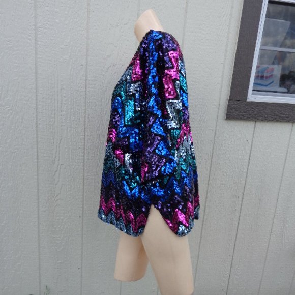 NOS Vtg 80s Sequin Multi Evening Party Formal Sweater L Silver Pink Green Purple - Picture 5 of 12